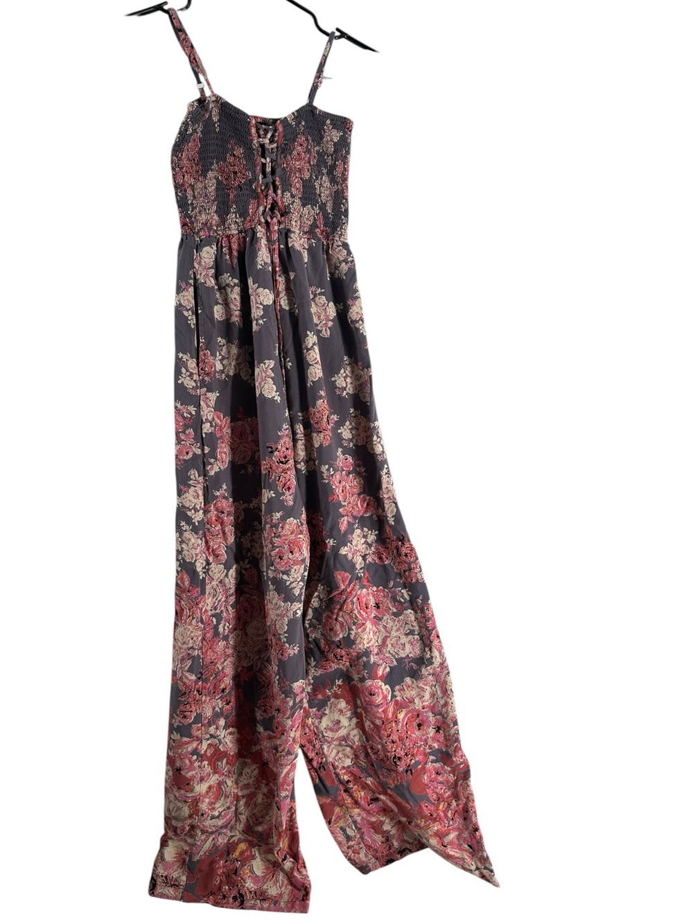 Angie wideleg jumpsuit floral features a smocked bodice  lace up detail boho Sm